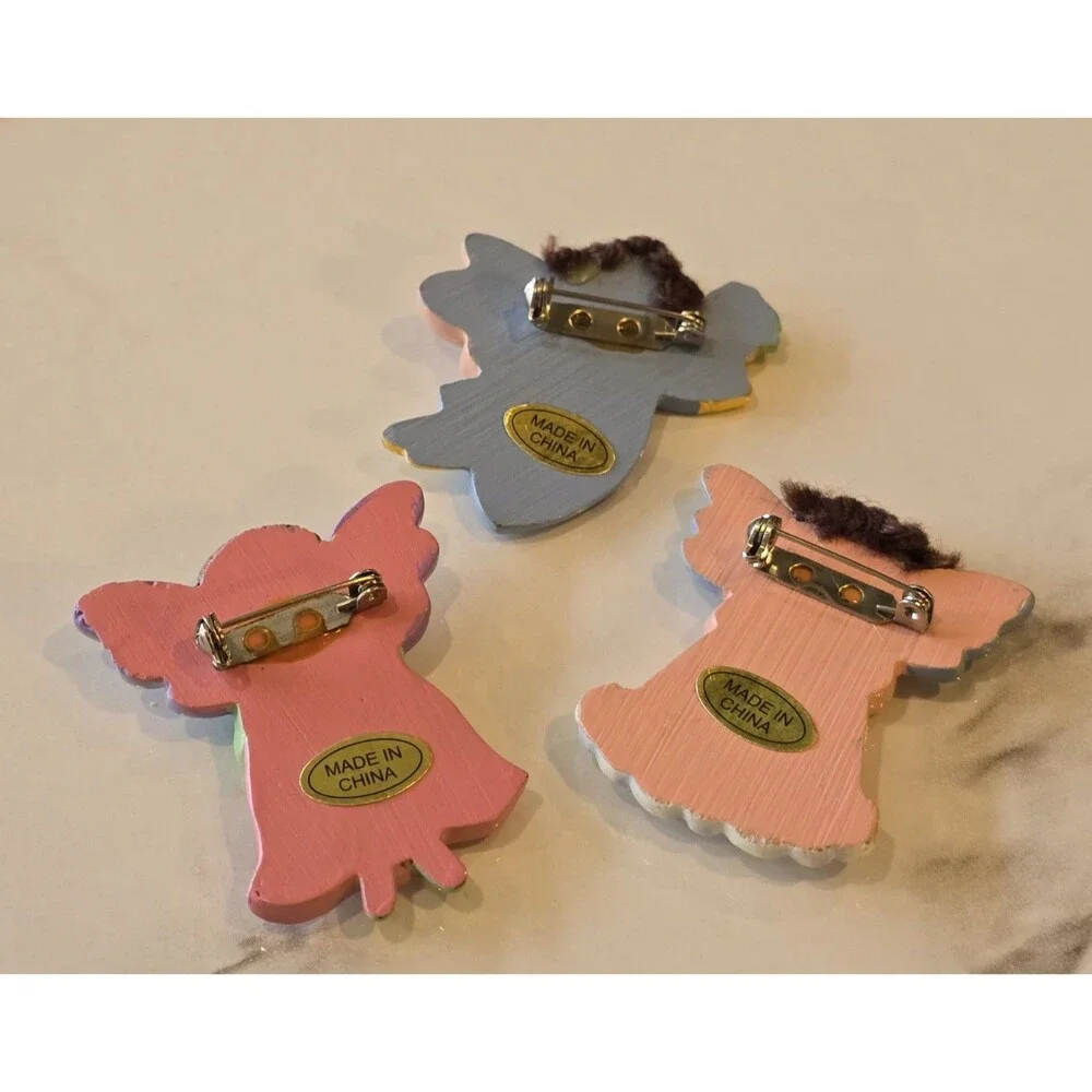 Lot of 3 Angel Fairy Brooch Pins Colorful Resin Enamel Winged Floral Cute #1226